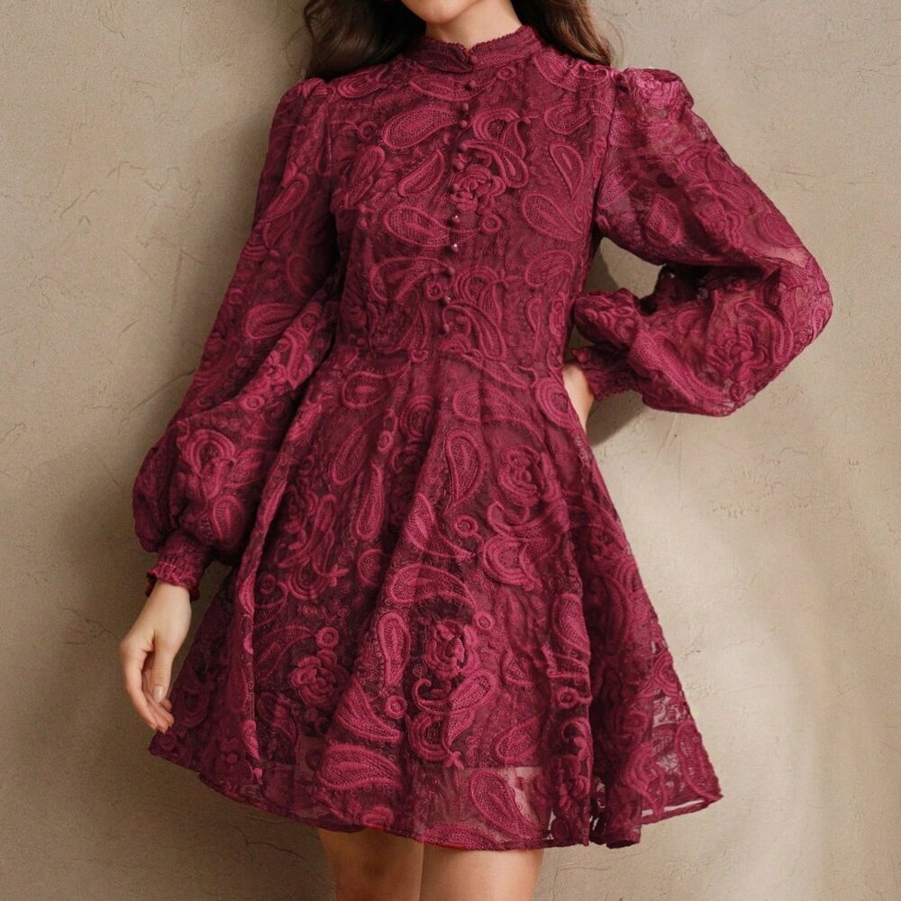 Burgundy Elegant Women's Floral Mesh Lantern Sleeve Dress - Picture 3 of 6